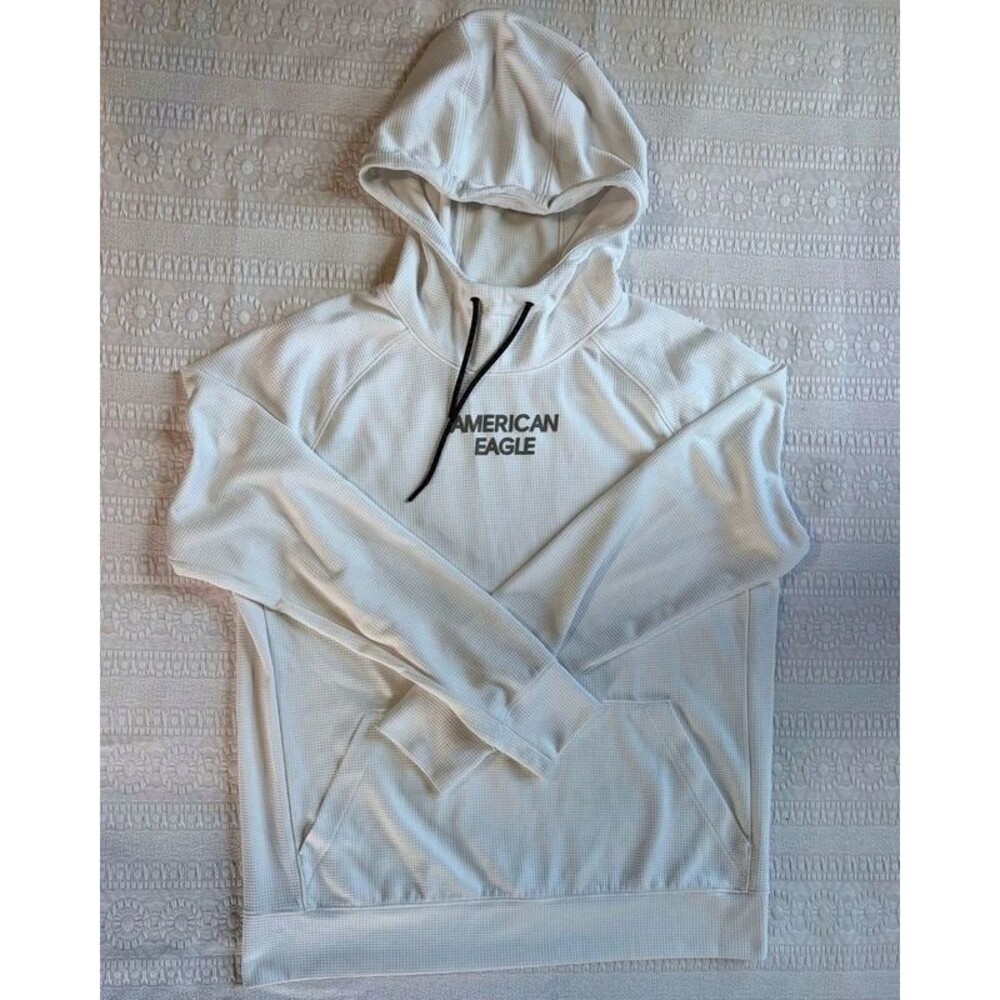 American Eagle Hoodie Mens M Flex Waffle Knit Cream Pullover Sweatshirt Oversize